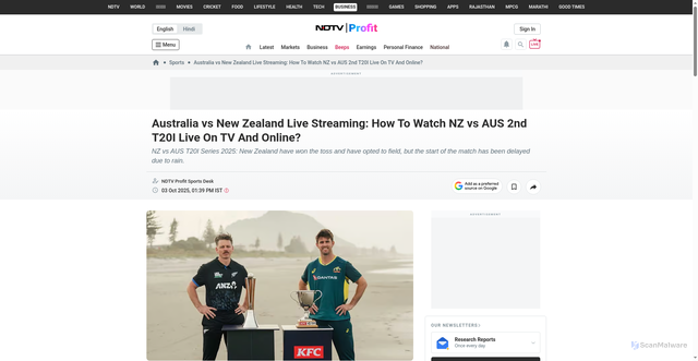 Security scan screenshot of https://www.ndtvprofit.com/sports/new-zealand-vs-australia-live-streaming-how-to-watch-aus-vs-nz-2nd-t20i-live-on-tv-and-online