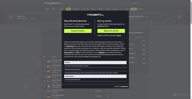 Security scan screenshot of https://live.planetf1.com/