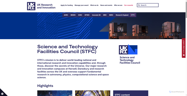Security scan screenshot of https://www.ukri.org/councils/stfc/