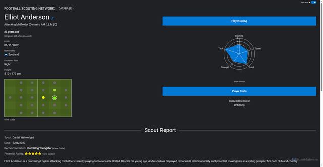 Security scan screenshot of https://www.footballscouting.co.uk/player/Elliot%20Anderson