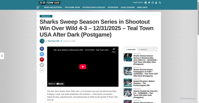 Security scan screenshot of https://tealtownusa.com/2026/01/sharks-sweep-season-series-in-shootout-win-over-wild-4-3-12-31-2025-teal-town-usa-after-dark-postgame/