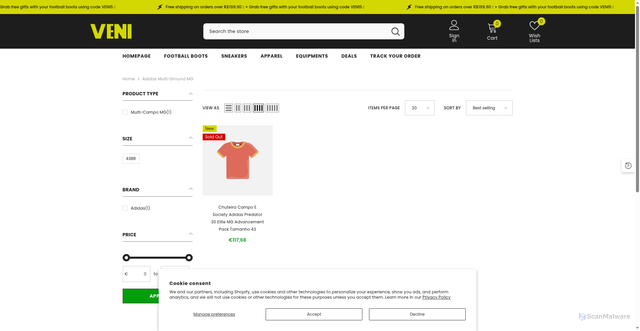 Security scan screenshot of https://venifutbol.com/collections/adidas-multi-ground-mg