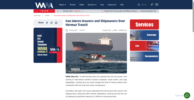 Security scan screenshot of https://wanaen.com/iran-warns-insurers-and-shipowners-over-hormuz-transit/