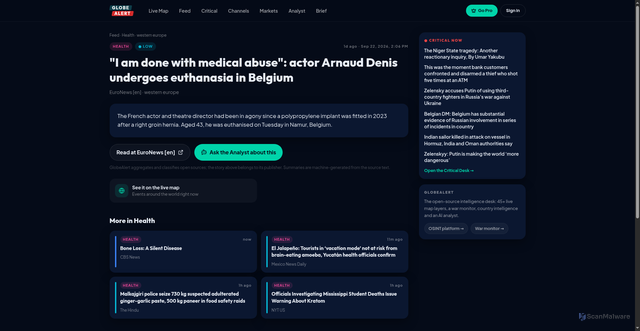 Security scan screenshot of https://www.globealert.ai/news/i-am-done-with-medical-abuse-actor-arnaud-denis-undergoes-euthanasia-in-belgium-6343afc6