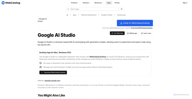 Security scan screenshot of https://webcatalog.io/en/apps/google-ai-studio