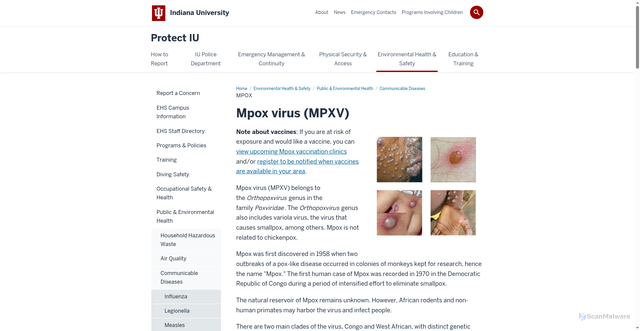 Security scan screenshot of https://protect.iu.edu/environmental-health/public-environment/communicable-diseases/monkeypox.html