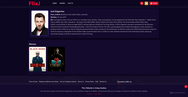 Security scan screenshot of https://flixj.com/actors/joel-edgerton/1677