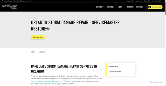 Security scan screenshot of https://www.servicemasterrestore.com/servicemaster-restoration-and-cleaning-by-eco/residential/weather-damage/