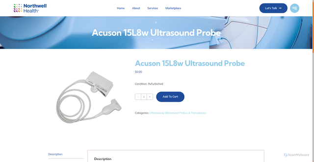 Security scan screenshot of https://northwellhealthmarketplace.com/product/acuson-15l8w-ultrasound-probe/
