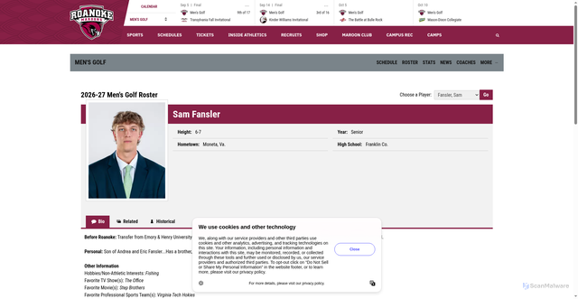 Security scan screenshot of https://roanokemaroons.com/sports/mens-golf/roster/sam--fansler/11270