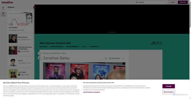 Security scan screenshot of https://aliceoseman.fandom.com/wiki/Jonathan_Bailey