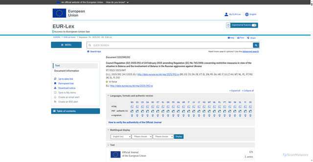 Security scan screenshot of https://eur-lex.europa.eu/legal-content/EN/TXT/?uri=CELEX:32025R0392