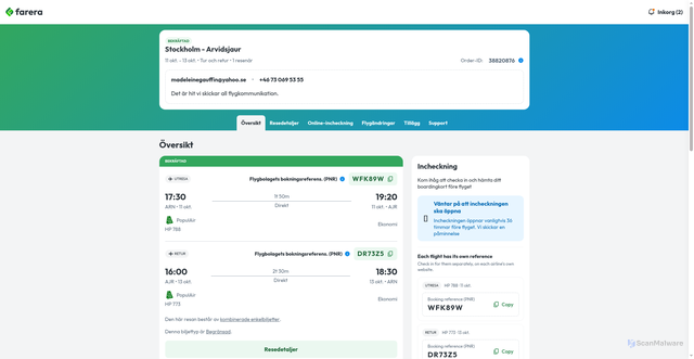 Security scan screenshot of https://farera.com/sv/login?ref_email=madeleinegauffin@yahoo.se&ref_order_id=38820876