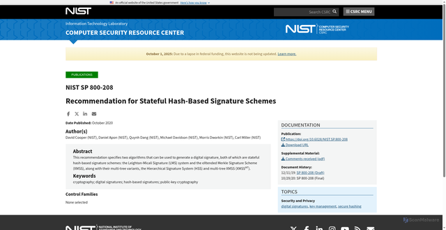 Security scan screenshot of https://csrc.nist.gov/pubs/sp/800/208/final
