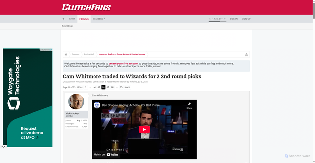 Security scan screenshot of https://bbs.clutchfans.net/threads/cam-whitmore-traded-to-wizards-for-2-2nd-round-picks.326878/page-66