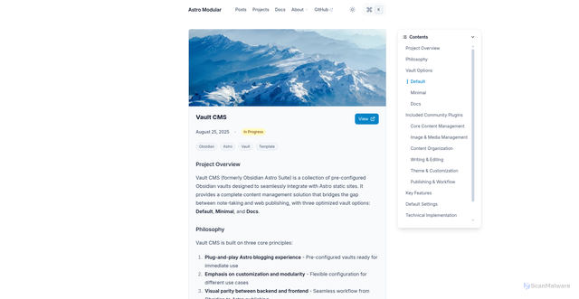 Security scan screenshot of https://astro-modular-sandbox.pages.dev/projects/vault-cms