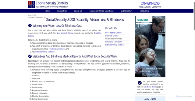 Security scan screenshot of https://socialsecuritydisability.lawyertestsite.com/vision-loss-blindness-social-security-disability-benefits.html
