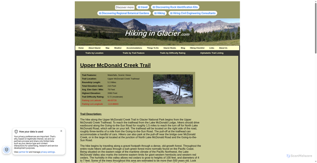 Security scan screenshot of https://www.hikinginglacier.com/upper-mcdonald-creek.htm