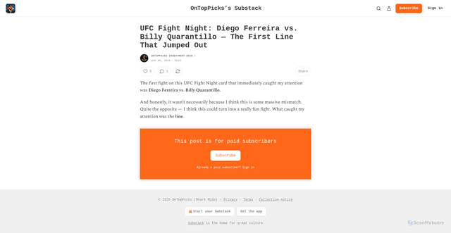 Security scan screenshot of https://sharkmode.substack.com/p/ufc-fight-night-diego-ferreira-vs