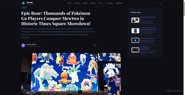 Security scan screenshot of http://www.hexeba.com/blog/post/pokemon-go-times-square-mewtwo-defeat-10th-anniversary-event