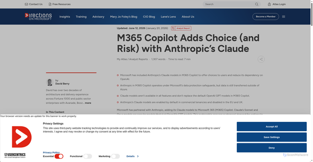 Security scan screenshot of https://www.directionsonmicrosoft.com/reports/m365-copilot-adds-choice-and-risk-with-anthropics-claude/