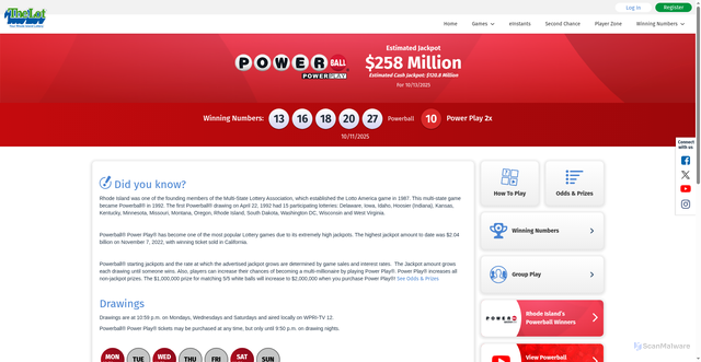 Security scan screenshot of https://www.rilot.com/content/interactive/ilottery/en/powerball.html