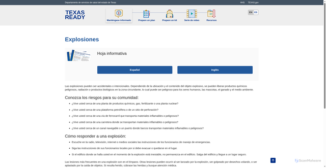 Security scan screenshot of https://texasready.gov/be-informed/industrial-disasters/explosions-es.html