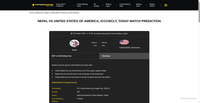 Security scan screenshot of https://www.thetopbookies.com/betting-tips/cricket/nep-vs-usa-26-Oct-2025