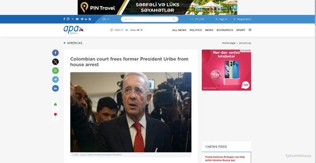 Security scan screenshot of https://en.apa.az/america/colombian-court-frees-former-president-uribe-from-house-arrest-475492