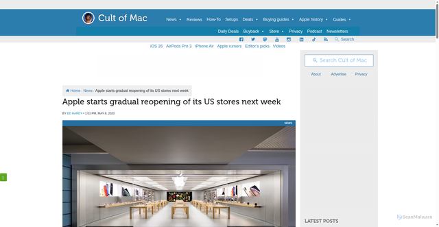 Security scan screenshot of https://www.cultofmac.com/news/u-s-apple-stores-begin-reopening-next-week