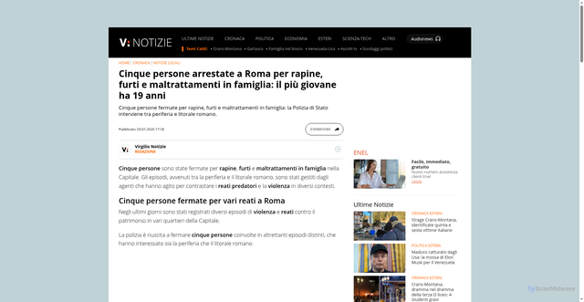 Security scan screenshot of https://www.virgilio.it/notizie/cinque-persone-arrestate-a-roma-per-rapine-furti-e-maltrattamenti-in-famiglia-il-piu-giovane-ha-19-anni-1726012