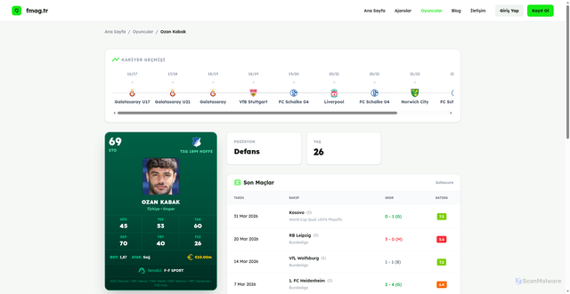 Security scan screenshot of https://www.fmag.tr/players/ozan-kabak_MzYxMjYw