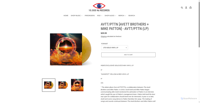 Security scan screenshot of https://10000hzrecords.com/products/avtt-pttn-avett-brothers-mike-patton-avtt-pttn-lp?srsltid=AfmBOopyqfb_7afh30Z_VKQhB5mPjGWtjZyMuvhPYtsAn2mp3lLVpwCo