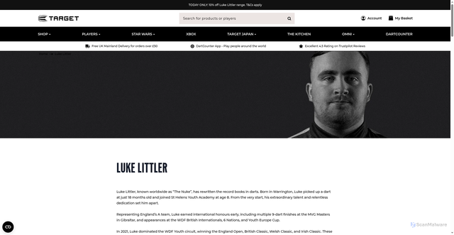 Security scan screenshot of https://www.target-darts.co.uk/luke-littler?srsltid=AfmBOorIuQ1zcvAnwT3OfWFIn_FvkrtJ9L1YIWHPB_CcC-3t4VQggpV8