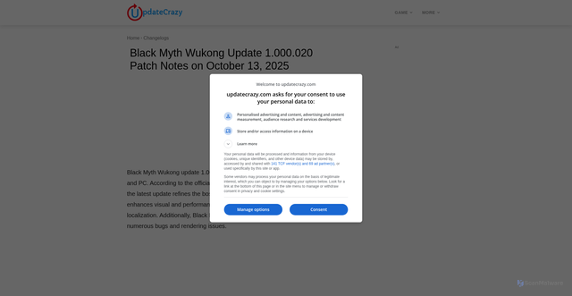 Security scan screenshot of https://updatecrazy.com/black-myth-wukong-update-1-000-020-patch-notes-on-october-13-2025/