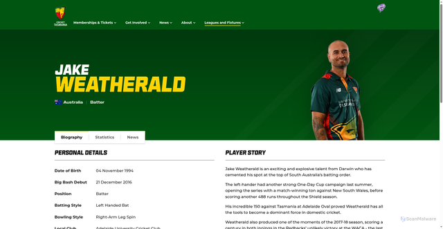 Security scan screenshot of https://www.crickettas.com.au/players/CA:1173/jake-weatherald