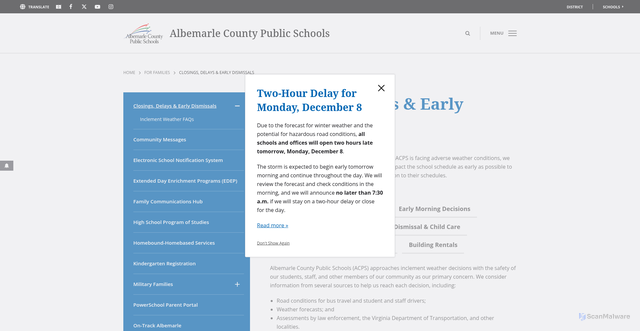 Security scan screenshot of https://www.k12albemarle.org/for-families/closing-delays