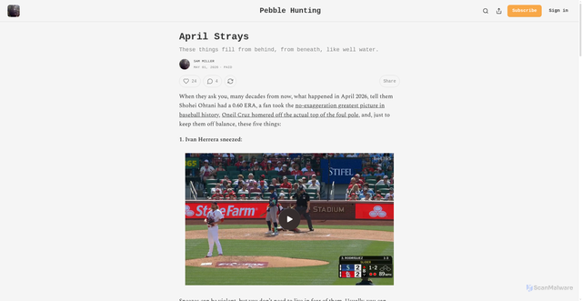 Security scan screenshot of https://pebblehunting.substack.com/p/april-strays