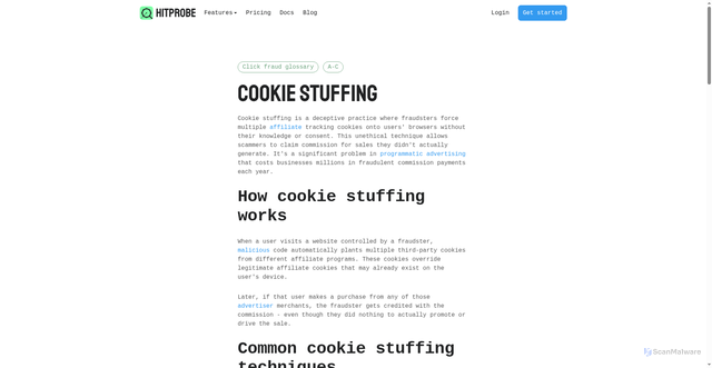 Security scan screenshot of https://hitprobe.com/what-is/cookie-stuffing