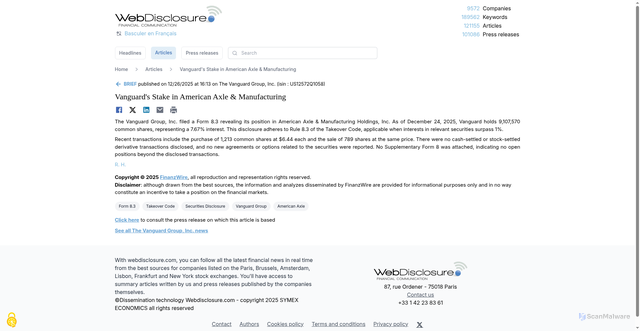 Security scan screenshot of http://www.webdisclosure.com/article/the-vanguard-group-inc-etr-vanguards-stake-in-american-axle-manufacturing-XyoQeuvcIkS