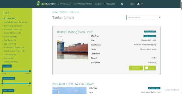 Security scan screenshot of https://shipselector.com/offers/sale/tanker