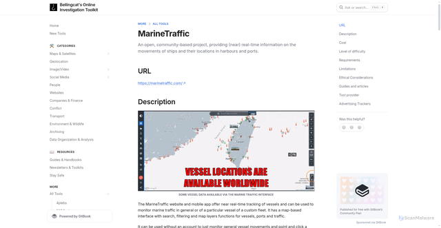 Security scan screenshot of https://bellingcat.gitbook.io/toolkit/more/all-tools/marinetraffic