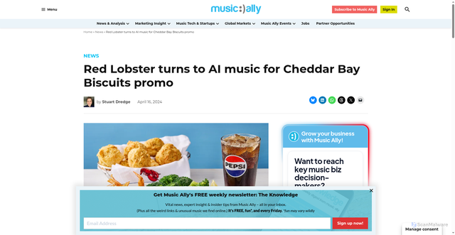 Security scan screenshot of https://musically.com/2024/04/16/red-lobster-turns-to-ai-music-for-cheddar-bay-biscuits-promo/