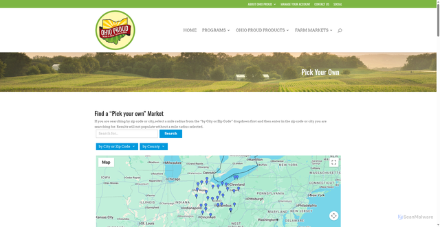 Security scan screenshot of https://ohioproud.org/farm-markets-all/farmers-market-search/pick-your-own/