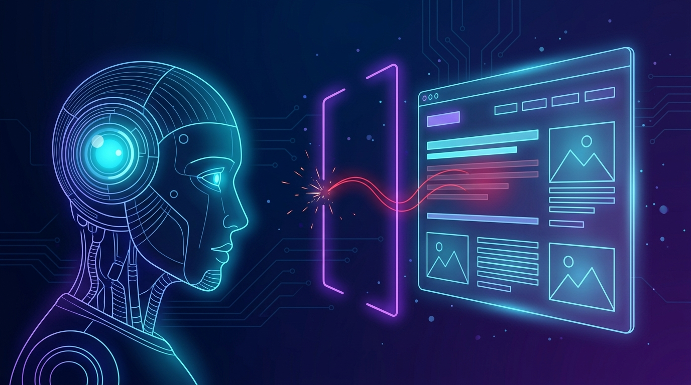 A wireframe robot examines a web page while a glowing boundary stops a red thread of hidden text from reaching it